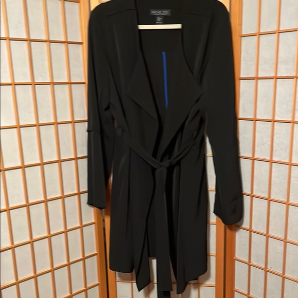 Rachel Zoe Black Trench Coat Jacket Open Front Belted Size XL Classic Design - Picture 8 of 9
